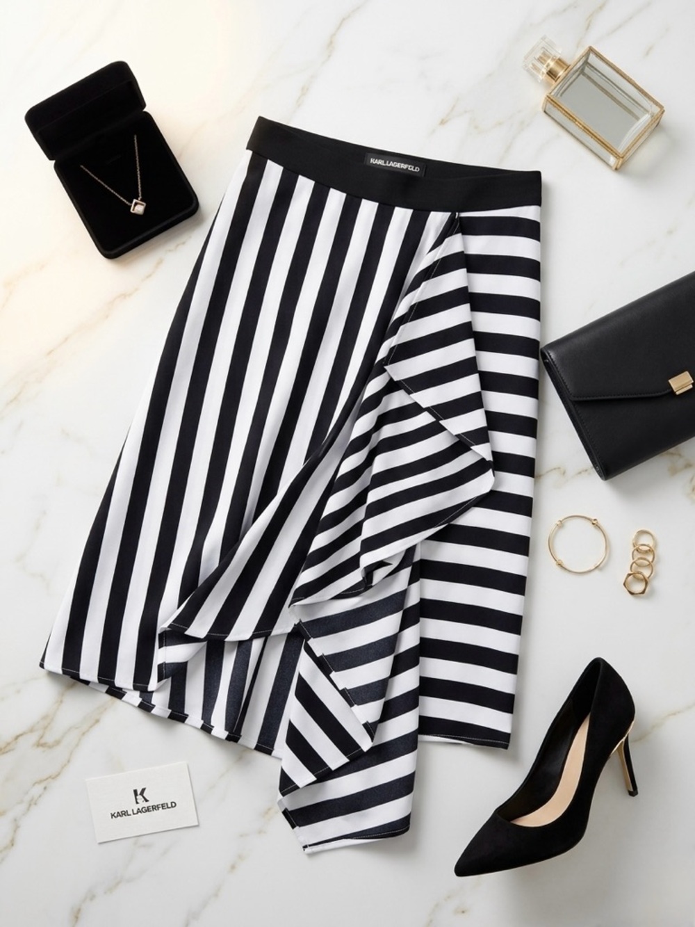 Karl Lagerfeld Black & White Asymmetrical Striped Ruffle Skirt